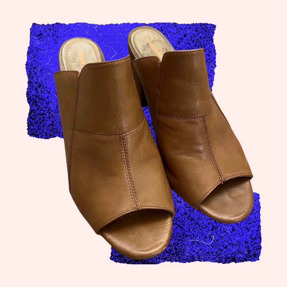 Hush Puppies Leather Stacked Heel Open Toe Mules